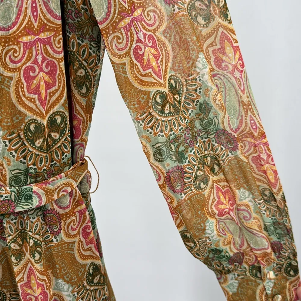 Justin Boots Pink tan maxi wrap Sheath Dress Bishop Sleeves paisley M ruffle - Image 7