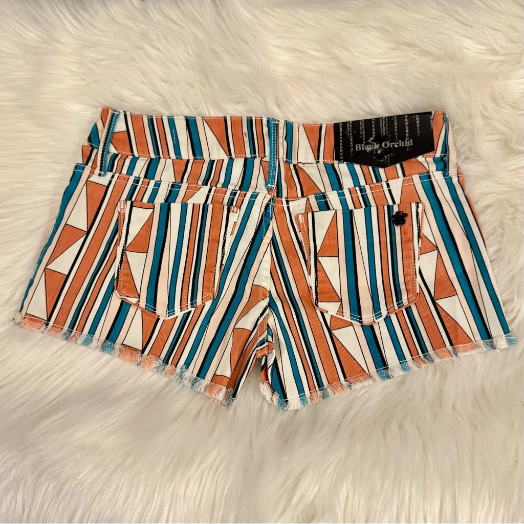 Black Orchid Denim Orange and Blue Jean Shorts Vibrant Stripes Size 26 - Image 8