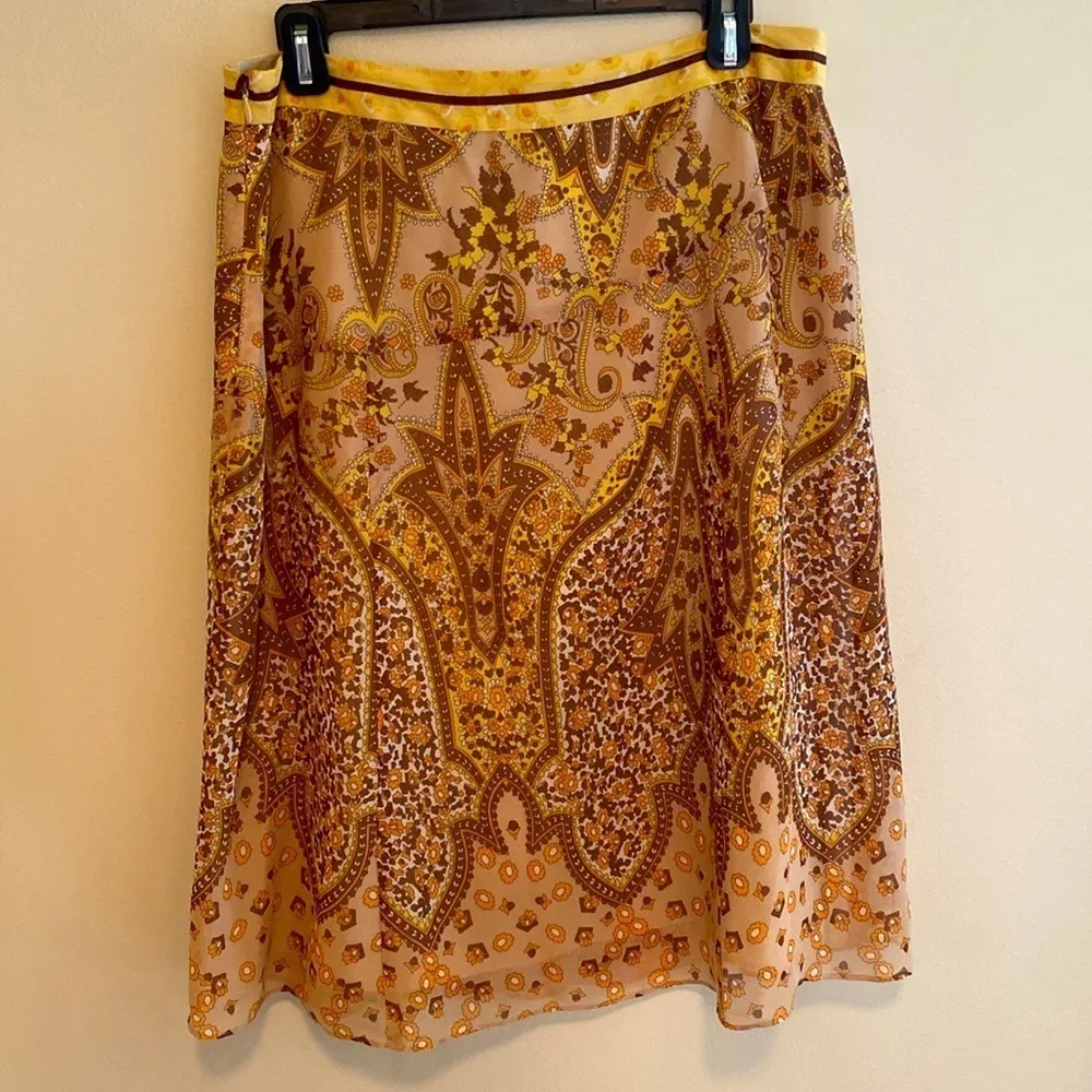 Banana Republic 100% Silk VTG Lined Skirt Yellow Gold Brown Orange Skirt 10P - Image 3