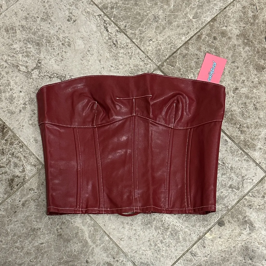 Edikted Moss Faux Leather Lace Up Corset Burgundry NEW Medium - Image 2