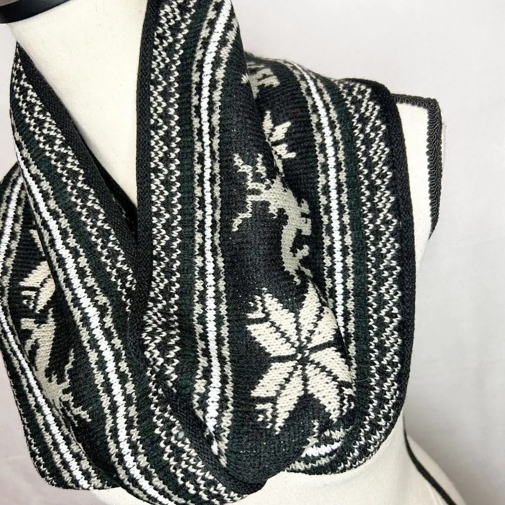 Black Winter Infinity Scarf Reindeer Snowflakes Cable Knit - Image 3
