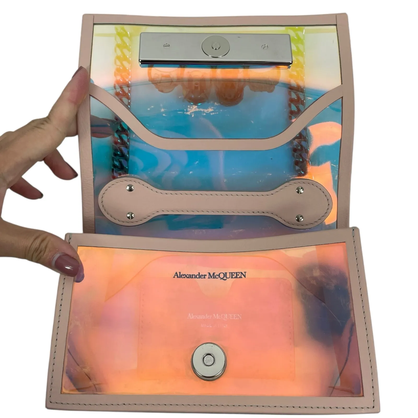 Alexander McQueen Mini Jewelled Crossbody Bag Holographic Pink PVC Leather - Image 12