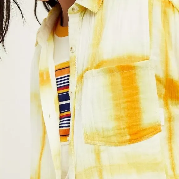 Free People We The Free Top Washed Away Yellow Windowpane Tie Dye Shirt Size XS - Image 7