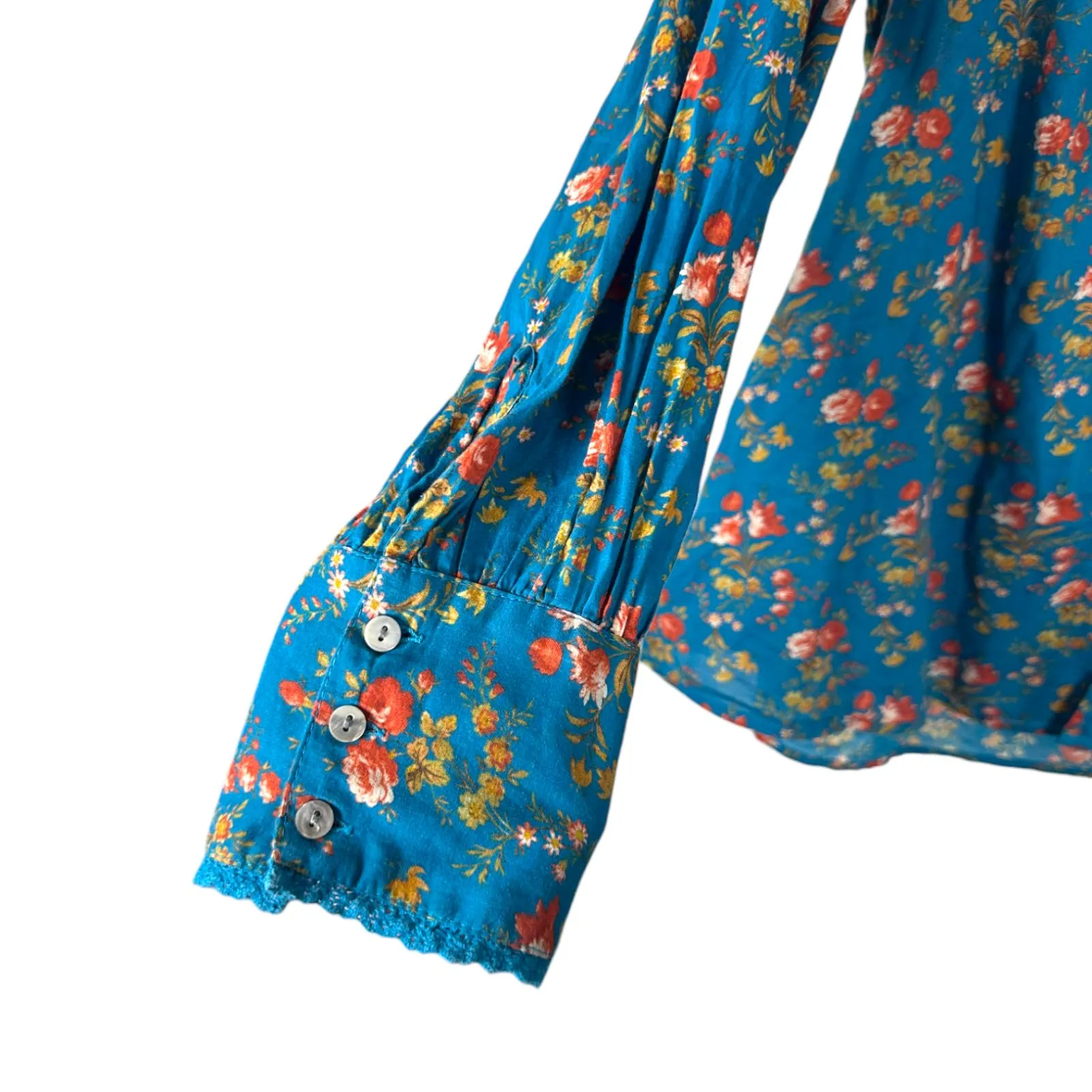 Sundance Blue Floral Button Long Sleeve Boho Bohemian Cottage Blouse Size Small - Image 4