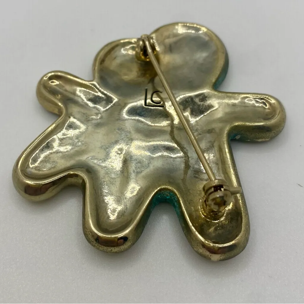 Vintage Liz Claiborne Beaded Gingerbread Men Brooch with Red Enamel Hearts Gold - Image 3