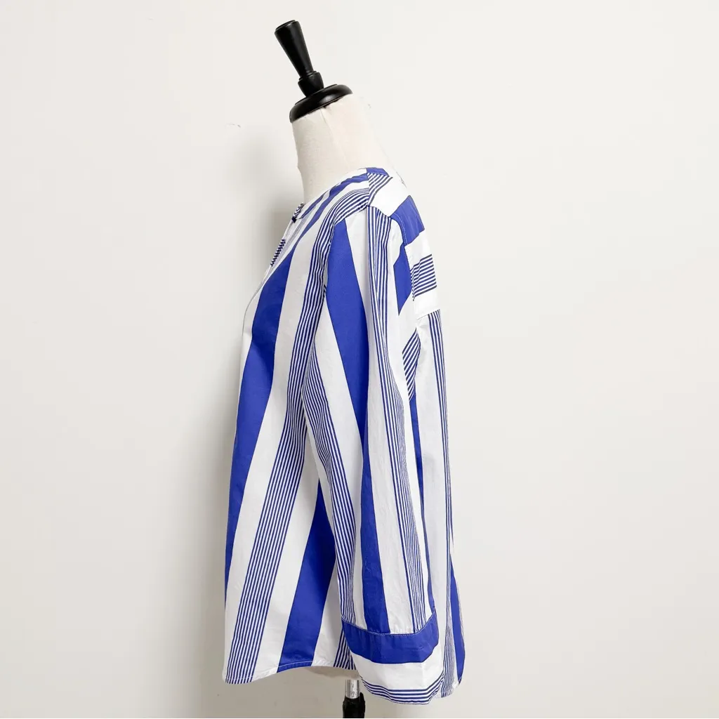 J Crew Indigo Blue White Stripe Poplin Cotton 5 Button Round Neck 3/4 Sleeve Top - Image 3