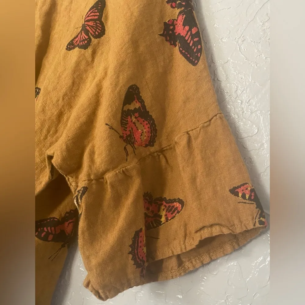 Viola Borghi Shirt Small 100% Linen Butterfly Top Made in Italy Boho Lagenlook Brown - Image 3