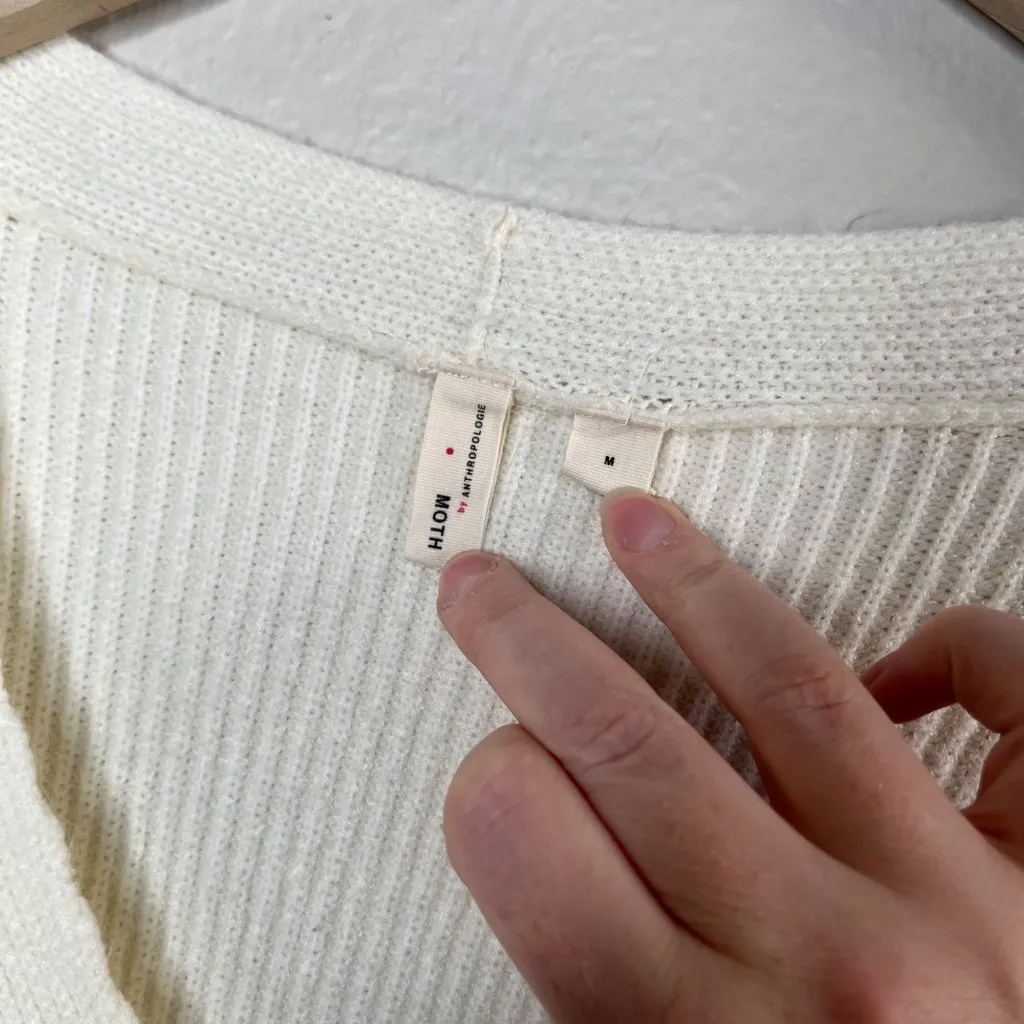 Moth Anthropologie Womens Ivory White V-Neck Front Tie Knit Sweater Medium - Image 7