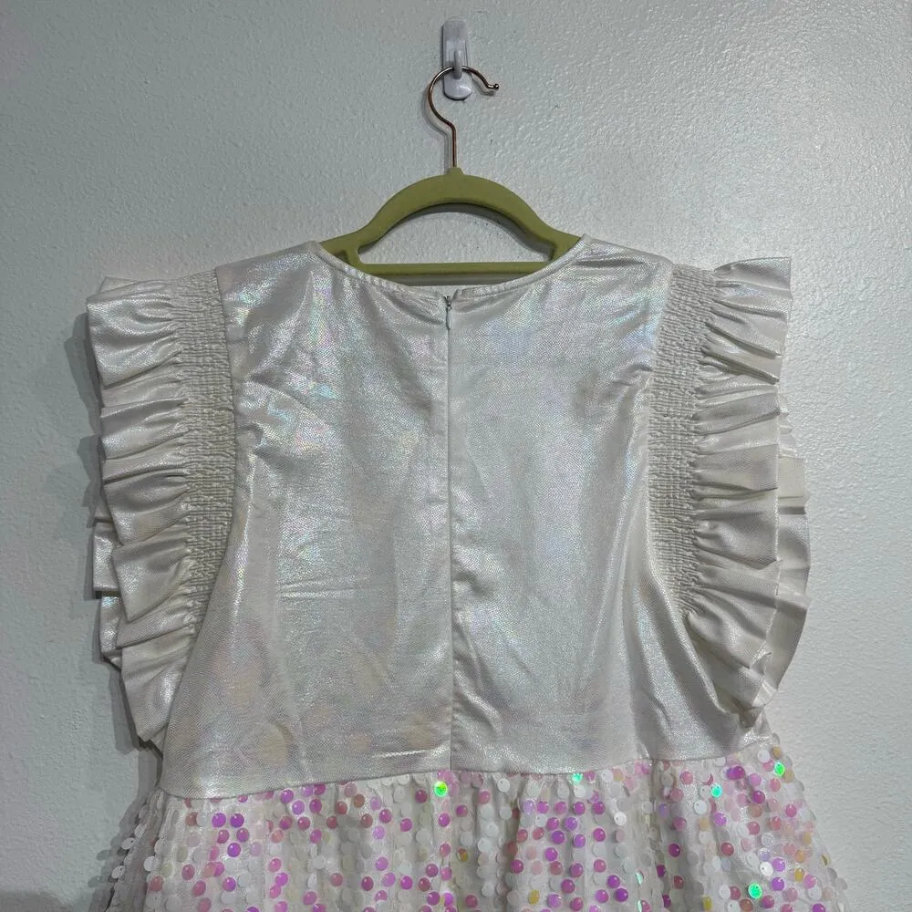 Peach Love White Shimmery Sequin Peplum Blouse Sz M - Image 7
