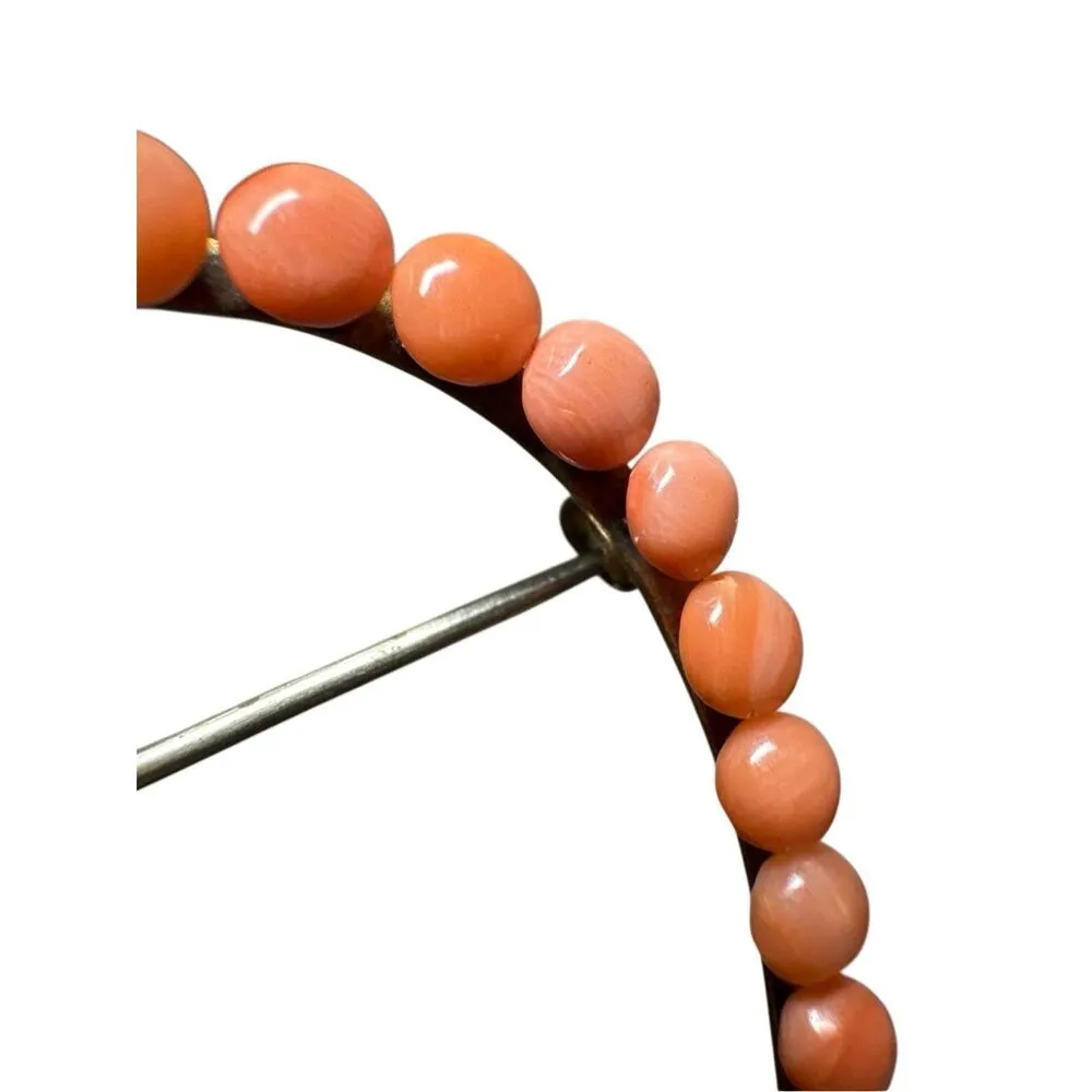 Antique Victorian Coral Crescent Brooch – Natural Salmon Coral Cabochons Orange - Image 7