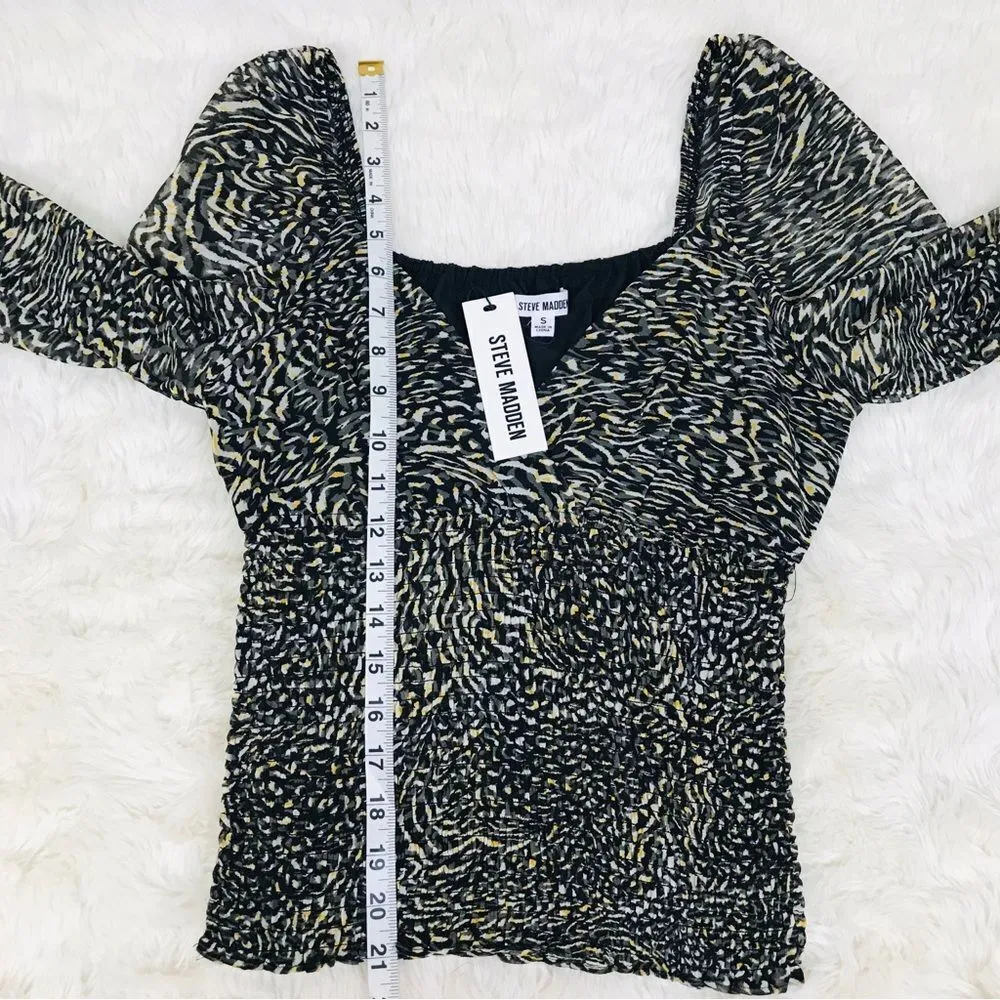 Steve Madden Animal Print Smocked Top Blouse Long Sleeve Gray Black Sz Small New - Image 11