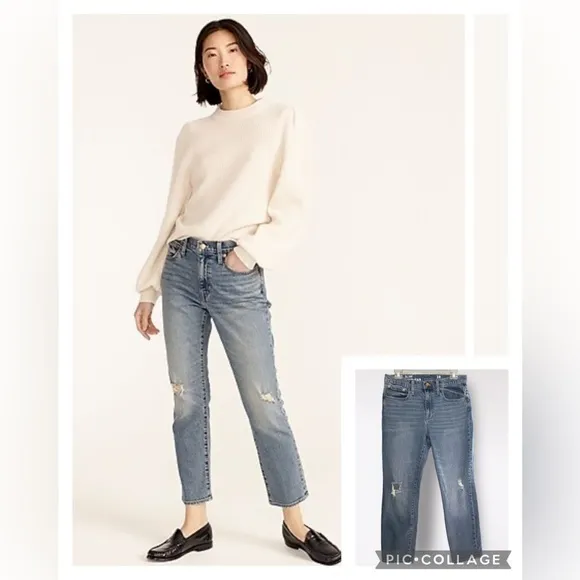 J Crew Slim Boyfriend Ripped Distressed Ankle Jeans In Tinted Indigo Wash 28 - Image 2
