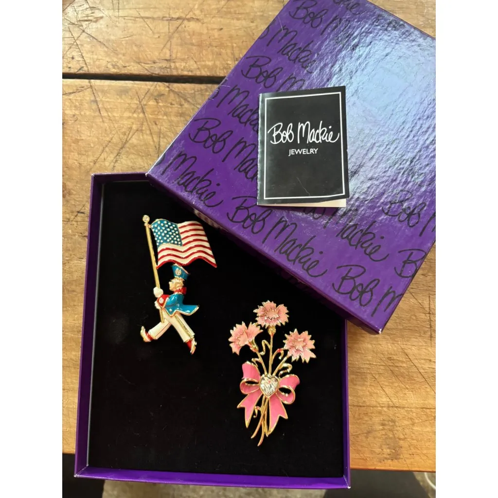 Bob Mackie Jewelry Patriotic Soldier & Pink Flower Brooch Set In Gift Box - Image 2