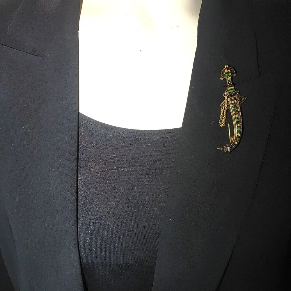 Damascene Scimitar Sword Brooch Vintage Pin Gold Tone Green Yellow Enamel - Image 3