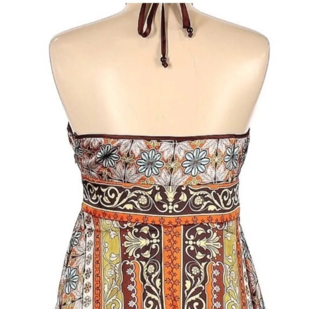 Nicole Miller Halter Scarf Satin Dress 6 Boho Floral Hippie Gypsy Festival Orange - Image 6