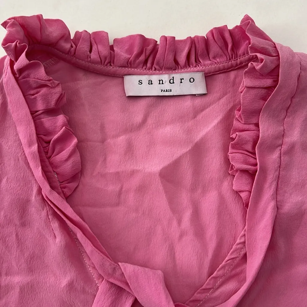 SANDRO 100% Silk Bright Pink Ruffle Romantic Tie Neck Blouse Women's Medium $285 - Image 6