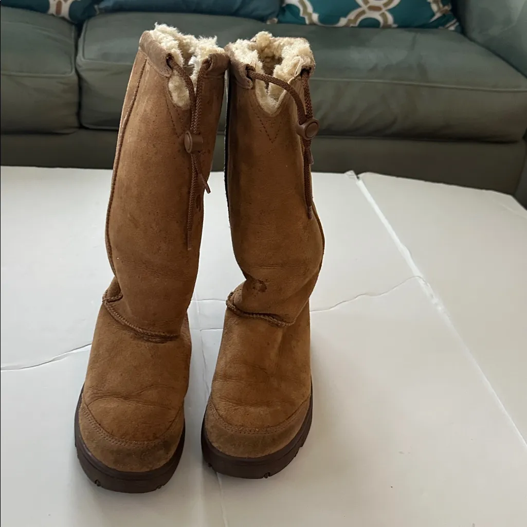UGG Tall Sherpa Suede Tan Boots 8 Vintage Sheepskin - Image 2