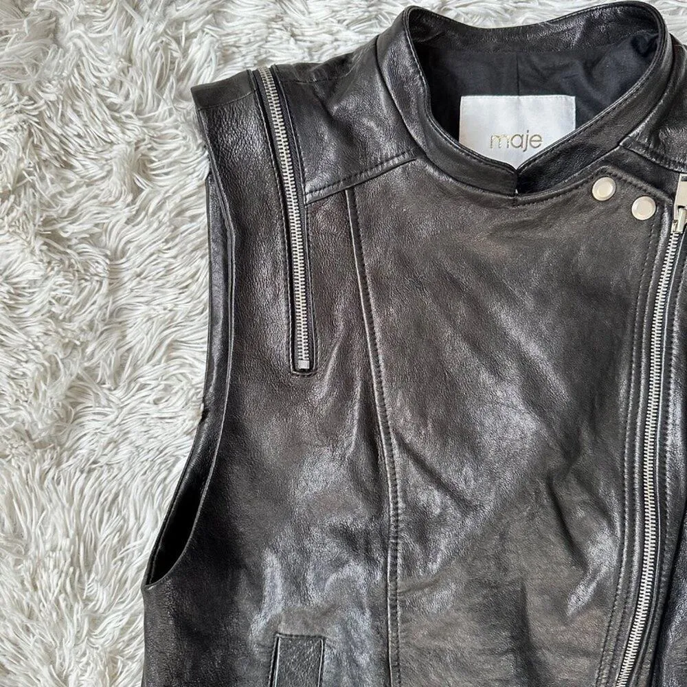 Maje Luxury Lambskin Leather Asymmetrical Zip Motorcycle Biker Vest Sz 1 - Small - Image 7