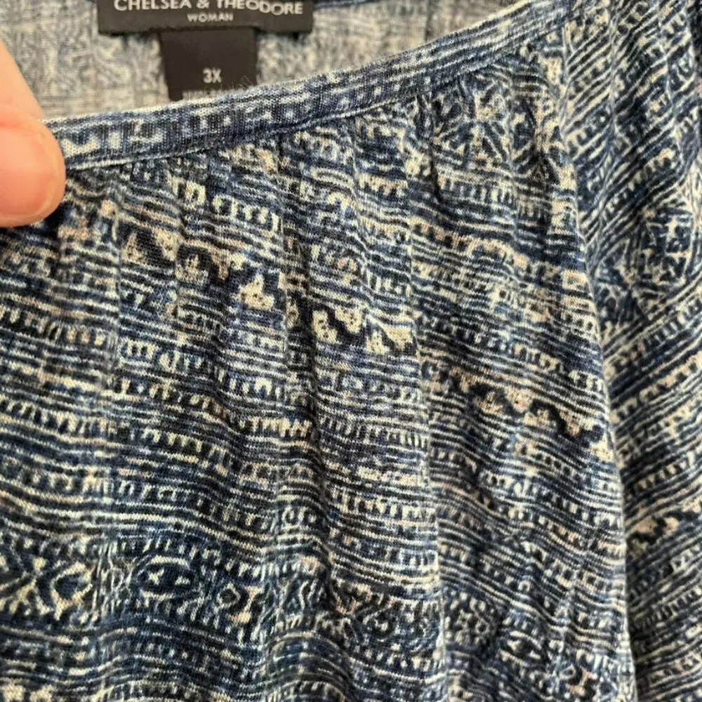 CHELSEA & THEODORE Plus Size Blue Cream Aztec Tribal 3/4 Sleeve Peasant Blouse - Image 5