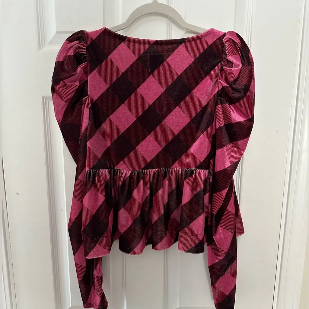 NWT Maeve Anthropologie velvet Pink and Brown Checkered peplum Top small new - Image 9