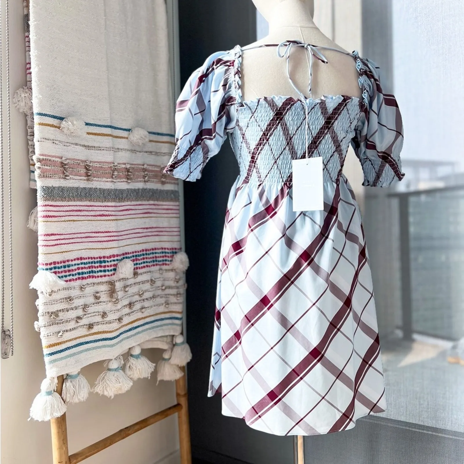 Hill House The Athena Matilda Plaid Short Puff Sleeves Mini Nap Dress Women’s XS - Image 4