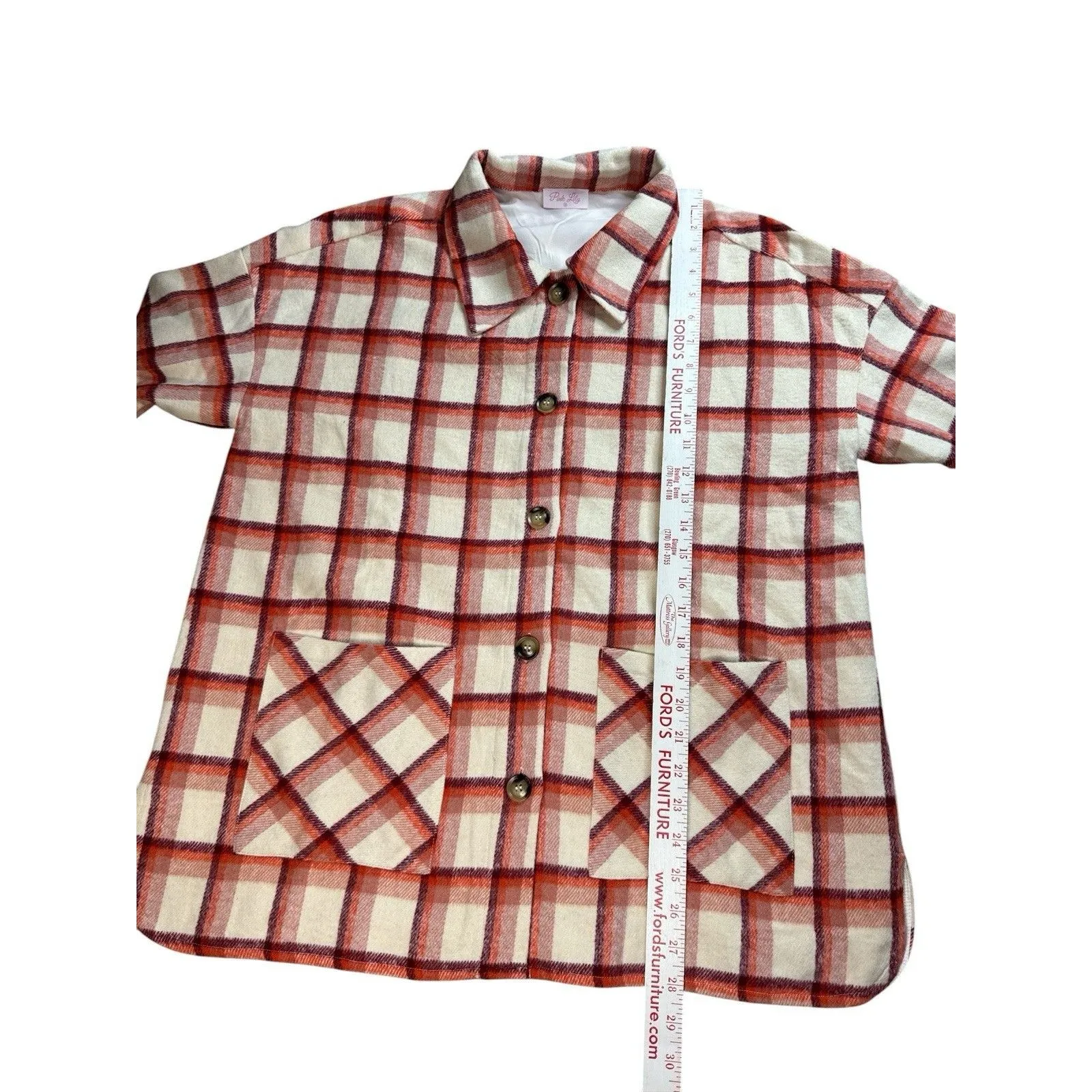 Pink Lily Plaid Flannel Shacket Jacket Cream Burgundy Plaid Button Front Lined M - Image 6