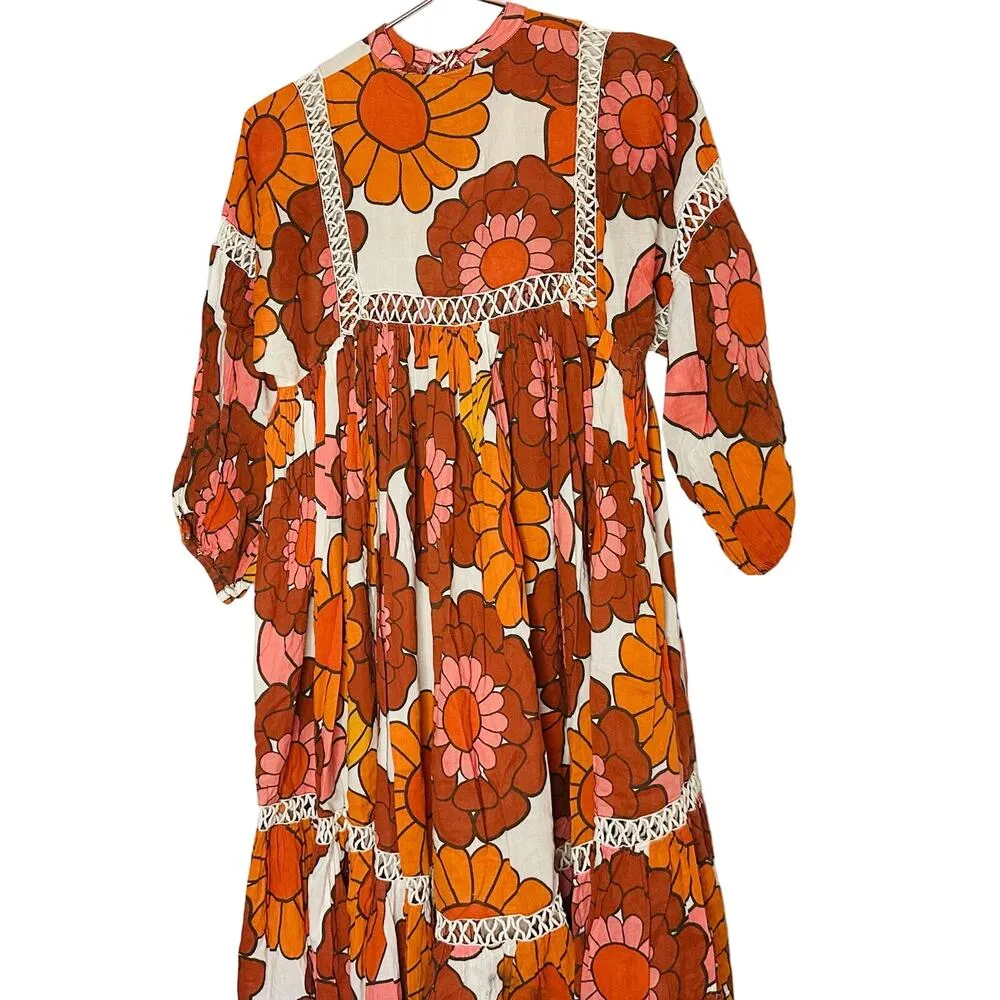 DODO BAR OR Nell Burnt Orange White Floral Lace Cutout Oversized Dress Size S - Image 5
