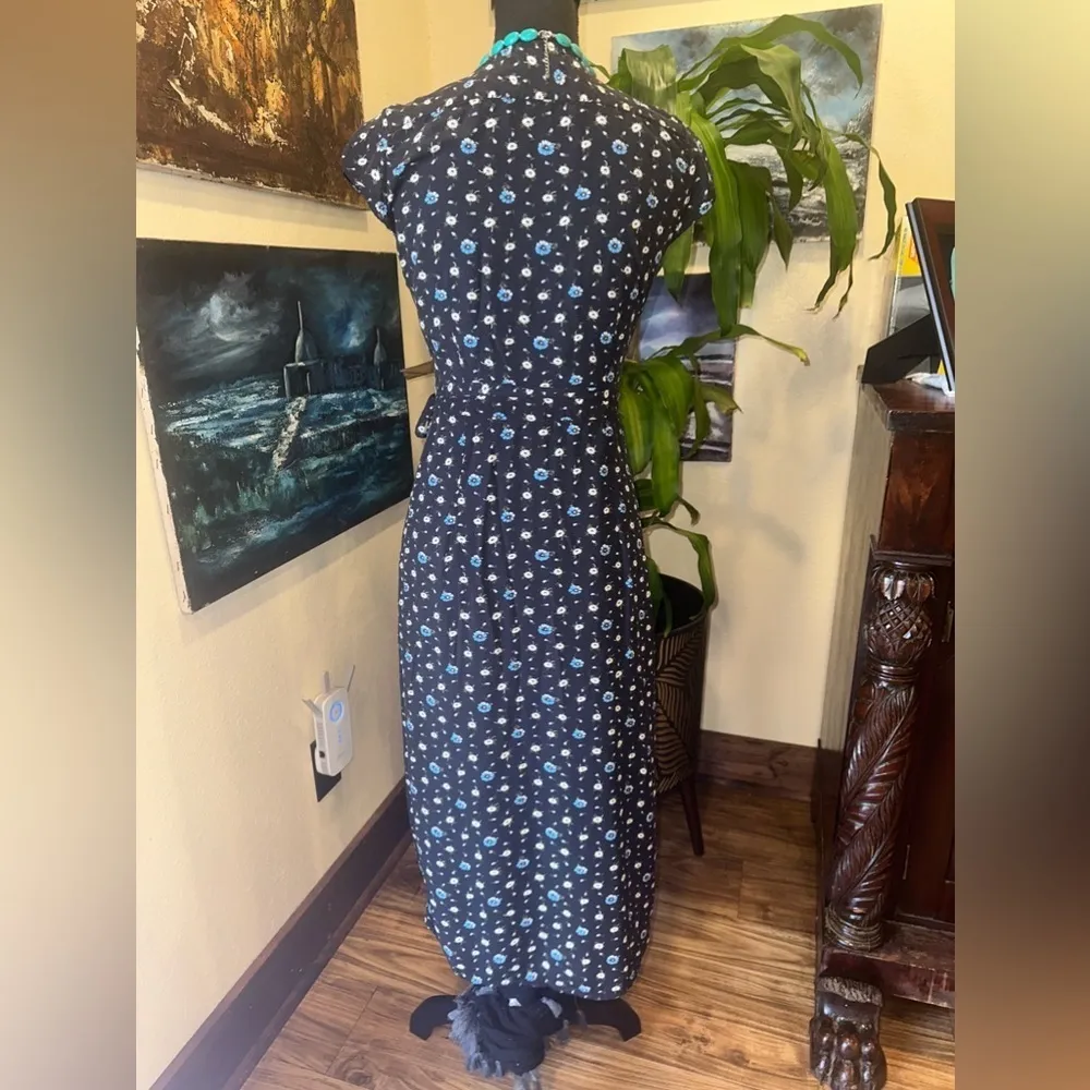 EUC J.CREW Mercantile Floral Wrap Dress Midi Daisy Black Blue SzXXS - Image 4