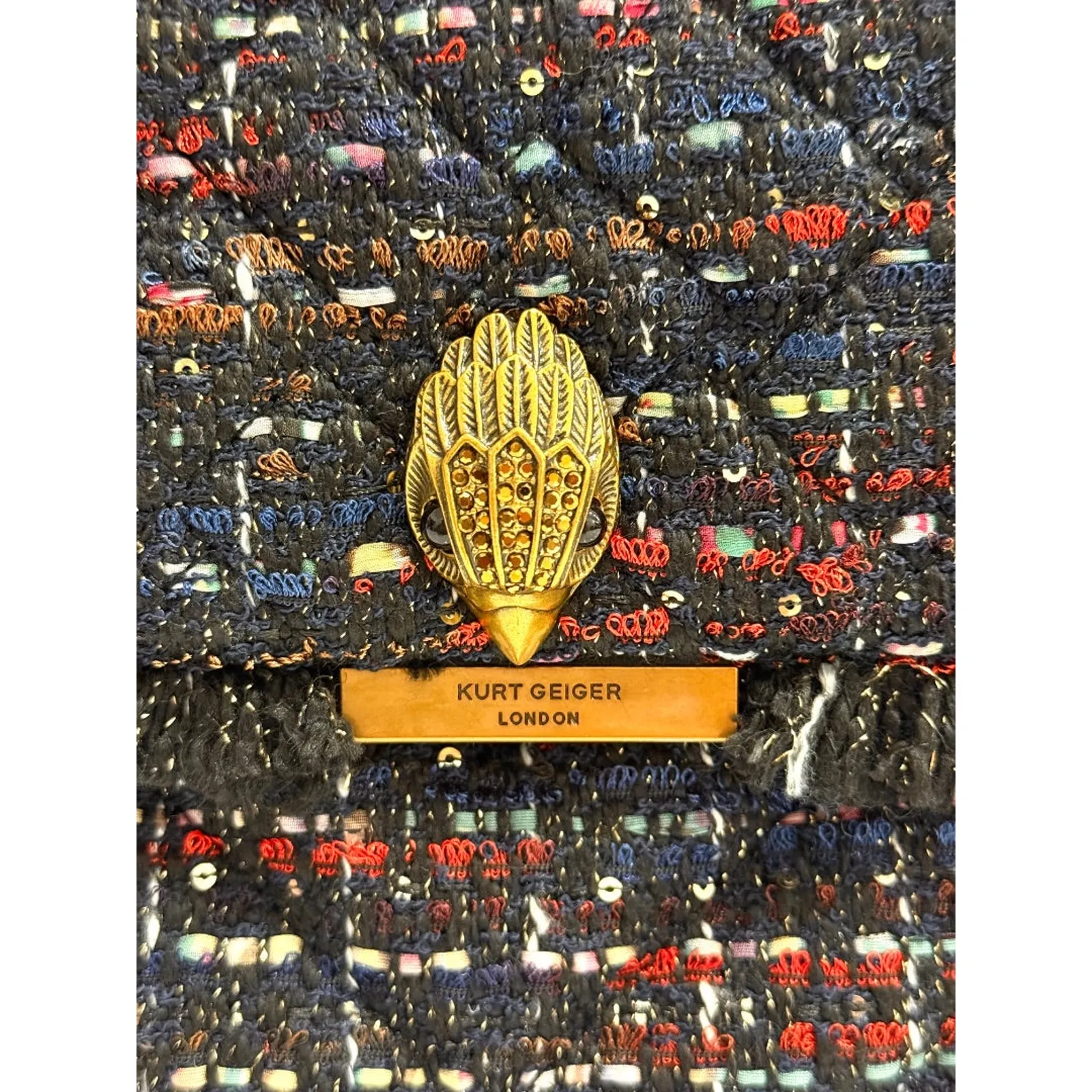 NWT Kurt Geiger Kensington Frayed Edges Chain Straps Tweed Bag Red Large - Image 3