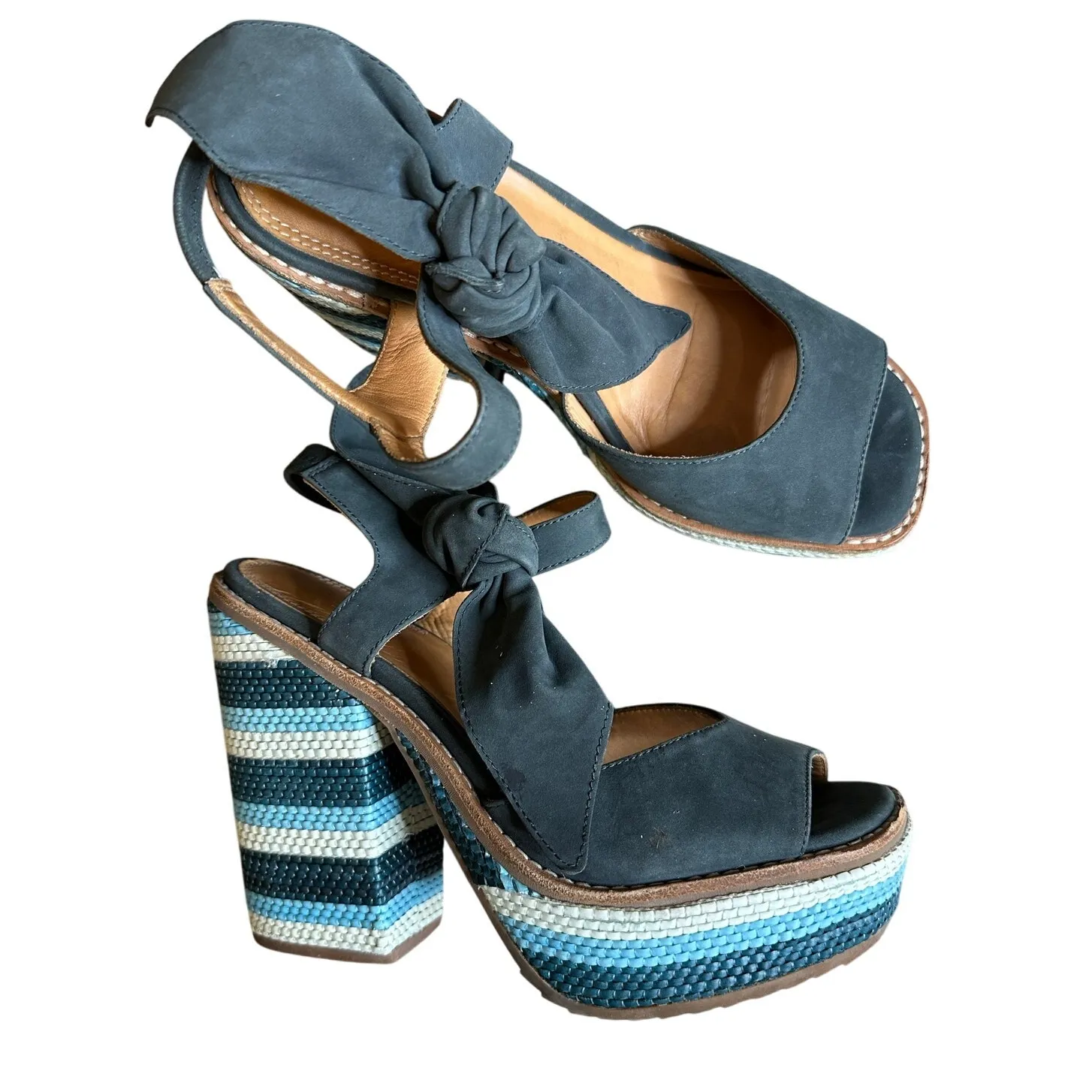 Bill Blass Bolton Leather Platform bow strap boho wedges color Denim Blue Size 7 - Image 3