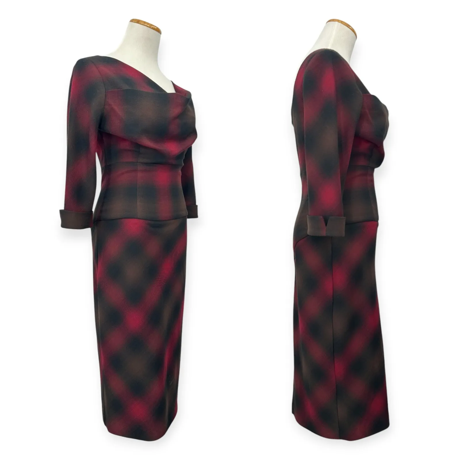 Black Halo | 4 / S | Jackie Plaid Print Cowl Neck 3/4 Sleeve Midi Sheath Dress - Image 2