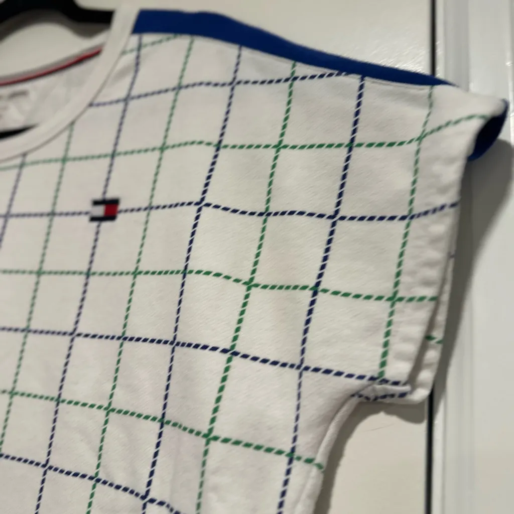Tommy Hilfiger Sz:M Boxy Green/blue Cropped Cap Sleeve Window Pane Geometric Top - Image 10