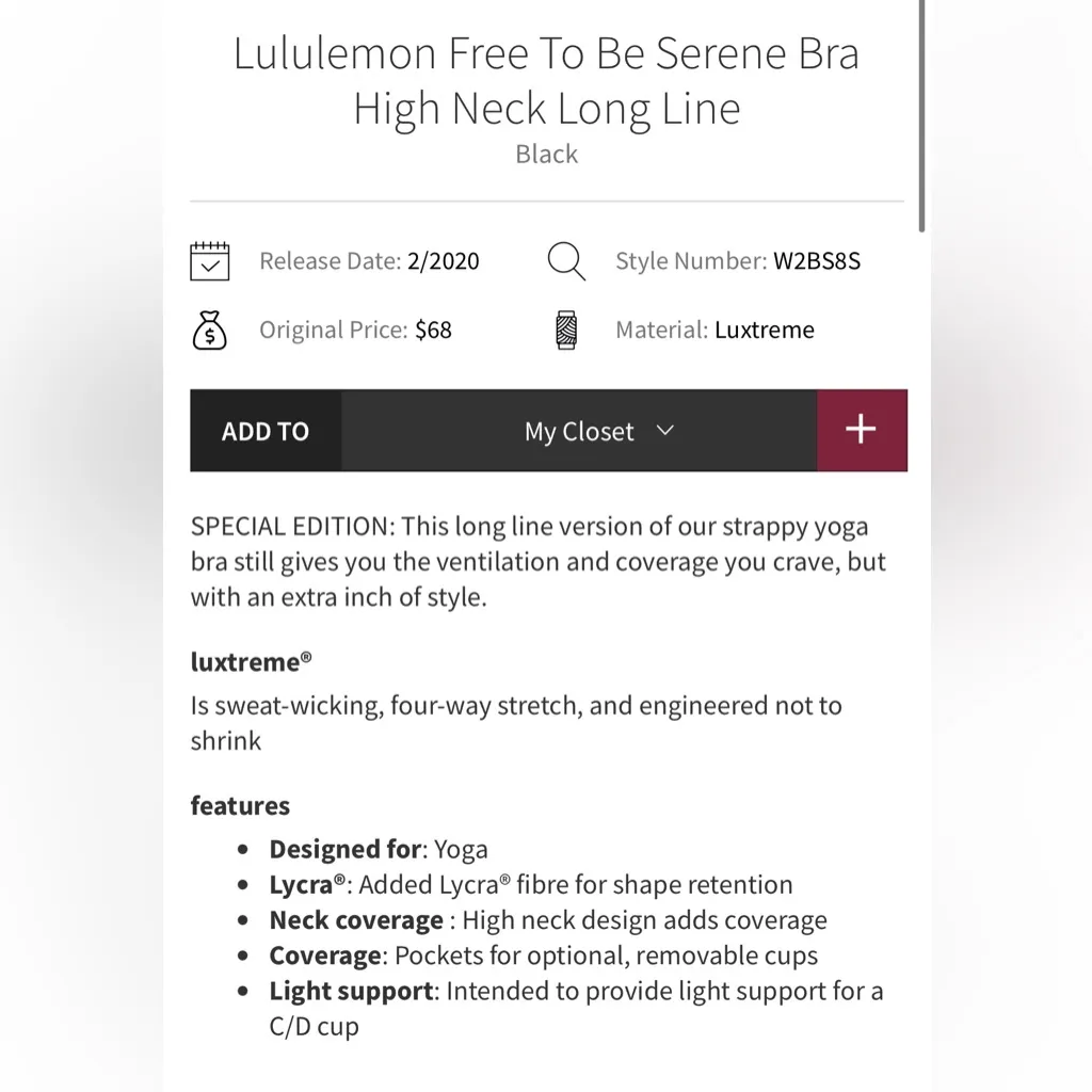 Lululemon Free To Be Serene Sports Bra High Neck Long Line Black Size 10 - Image 3