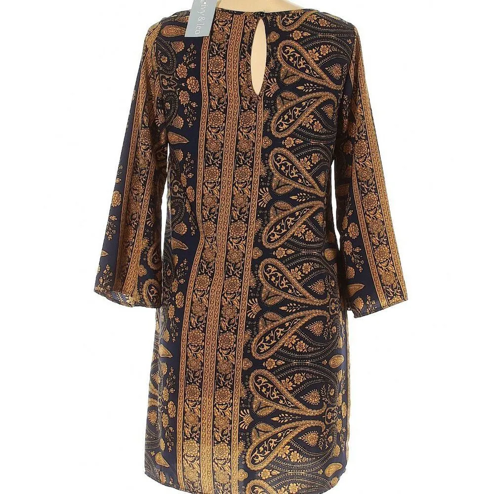 Gi Biu Women's 3/4 Sleeves Sheath Knee Length Long Sleeve Dress Navy w/Yellow - Image 2