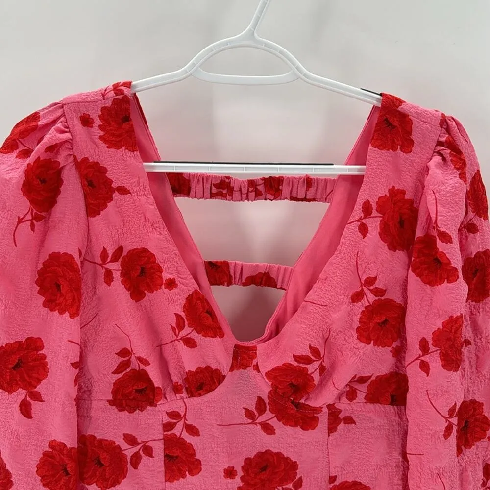 Crystal Doll Floral Puff Sleeve Mini Dress pink Barbie feminine sexy versatile S - Image 2