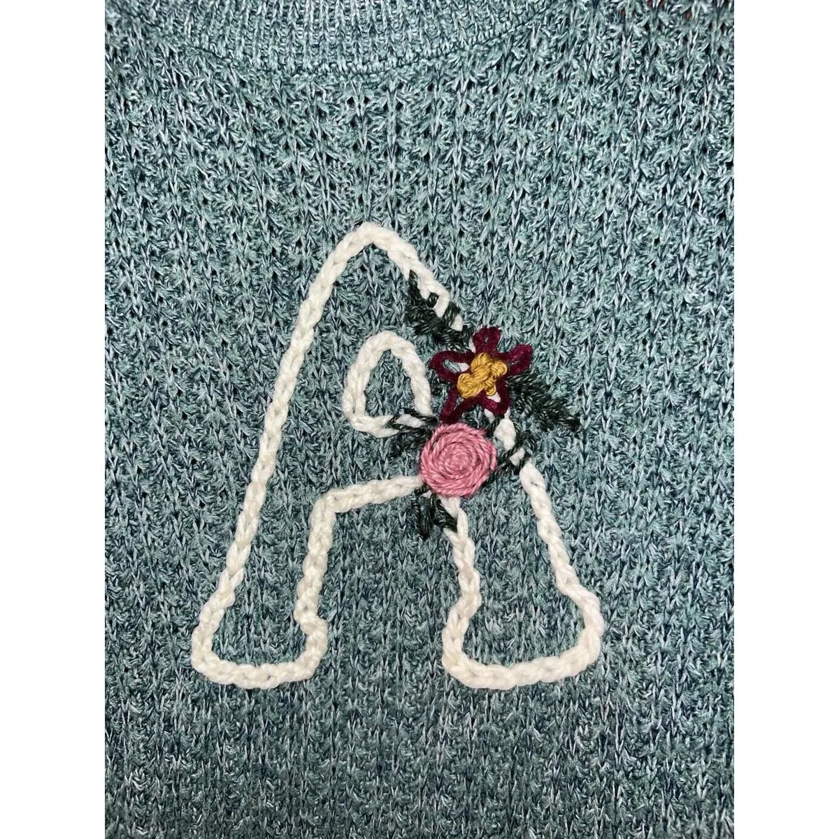 Universal Thread "A" Sweater Teal Blue Knit Floral Patch Pullover Women’s S - Image 3