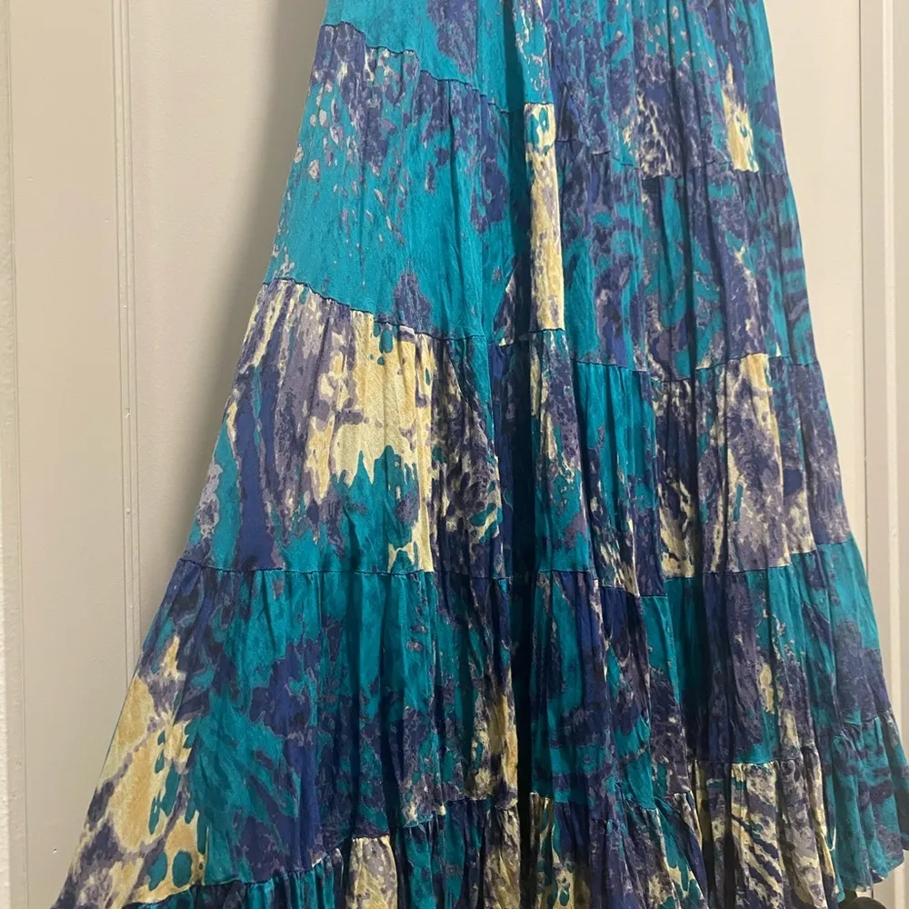 Vintage Boho 90s Silver Stream Blue & Purple Watercolor Print Maxi Skirt - Image 6