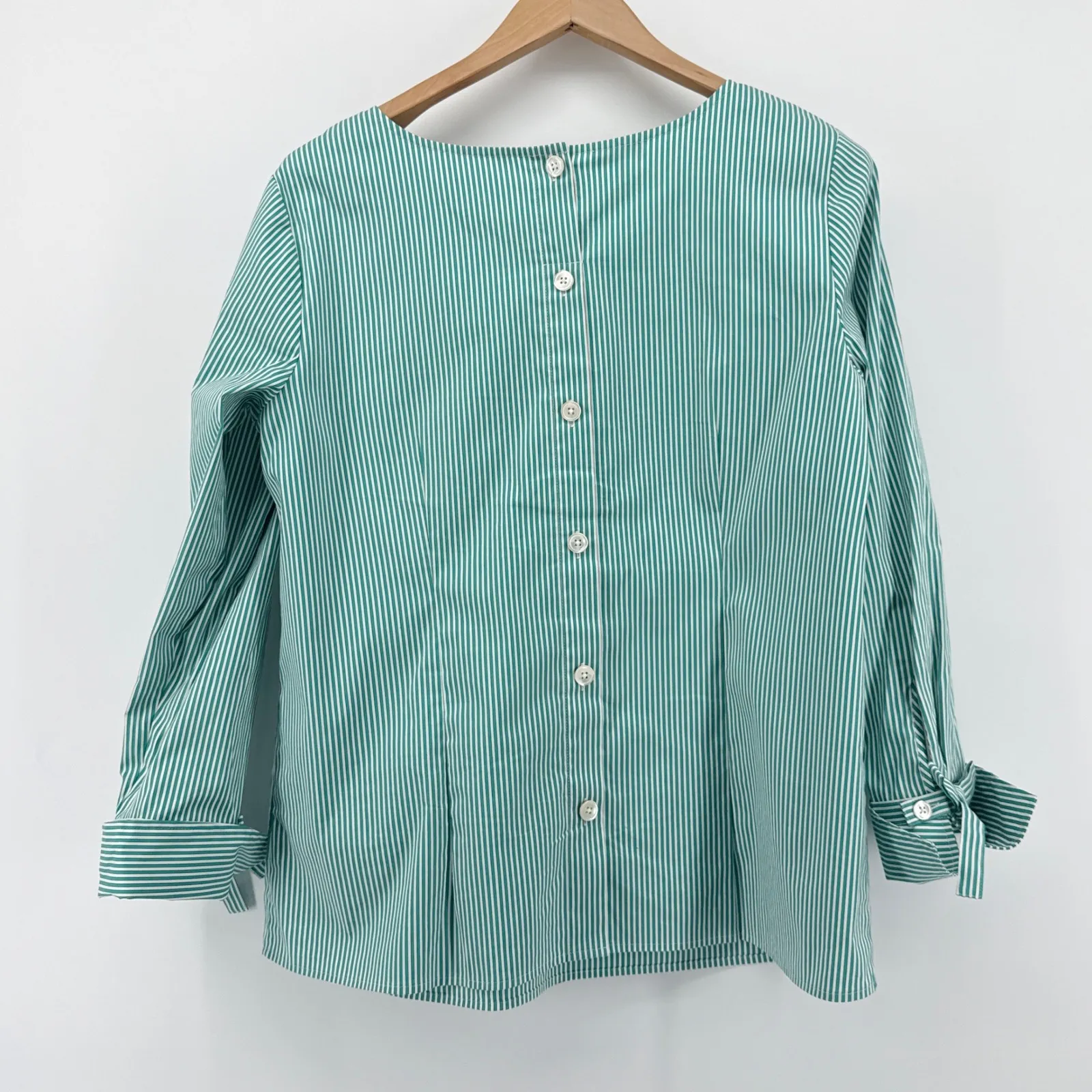 Talbots Women's Tie Sleeve Poplin Striped Boat Neck Long Sleeve Blouse Top Large - Image 6