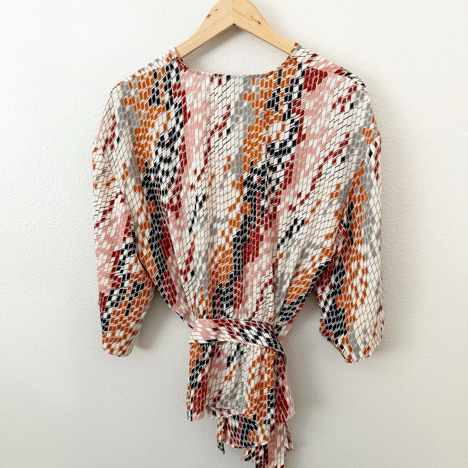 TROUVÉ | Wrap Blouse Belt Abstract Multi Colored Pixel Top Print Belted | Medium Pink - Image 7