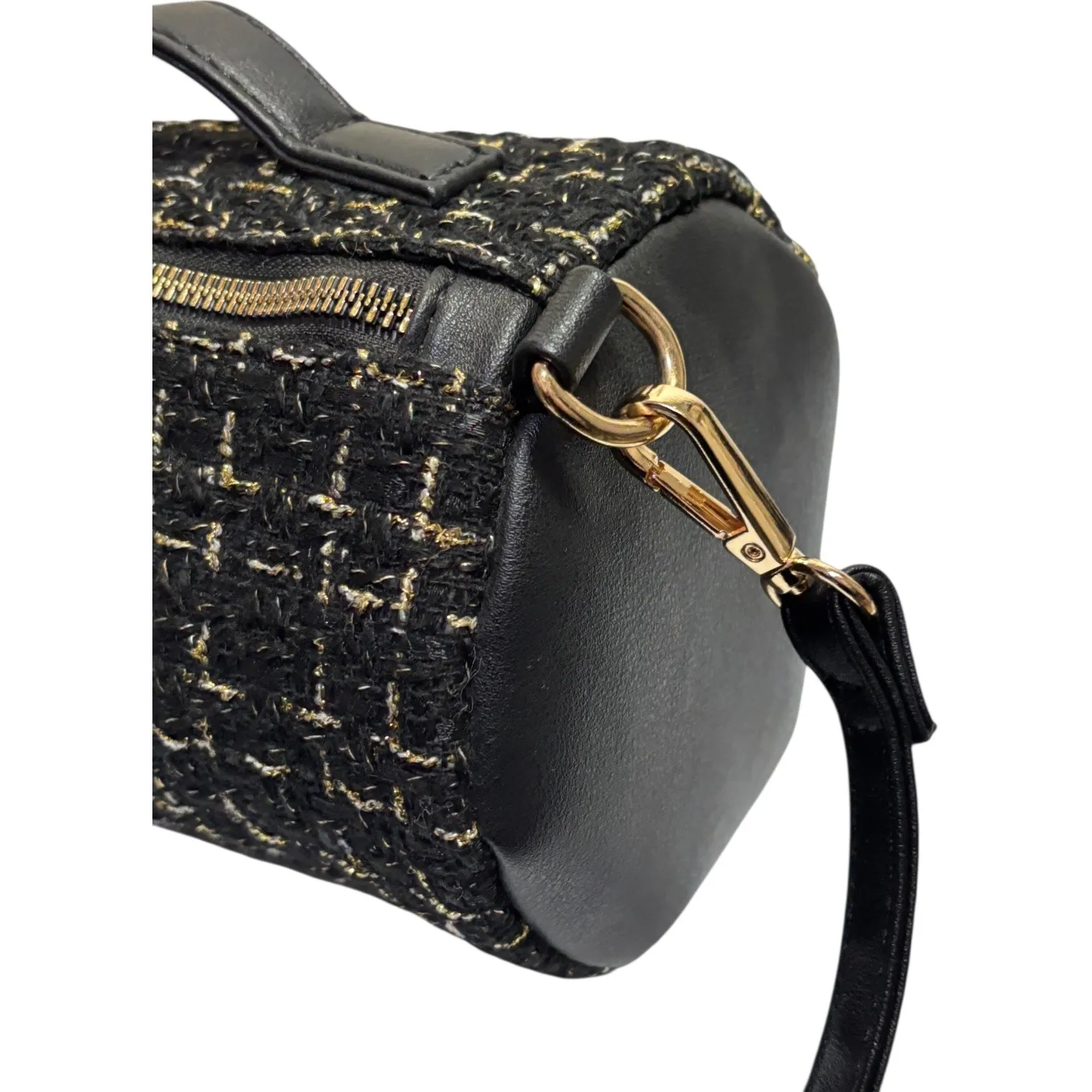 Badgley Mischka New York Black Gold Tweed Barrel Crossbody Bag Adjustable Strap - Image 7