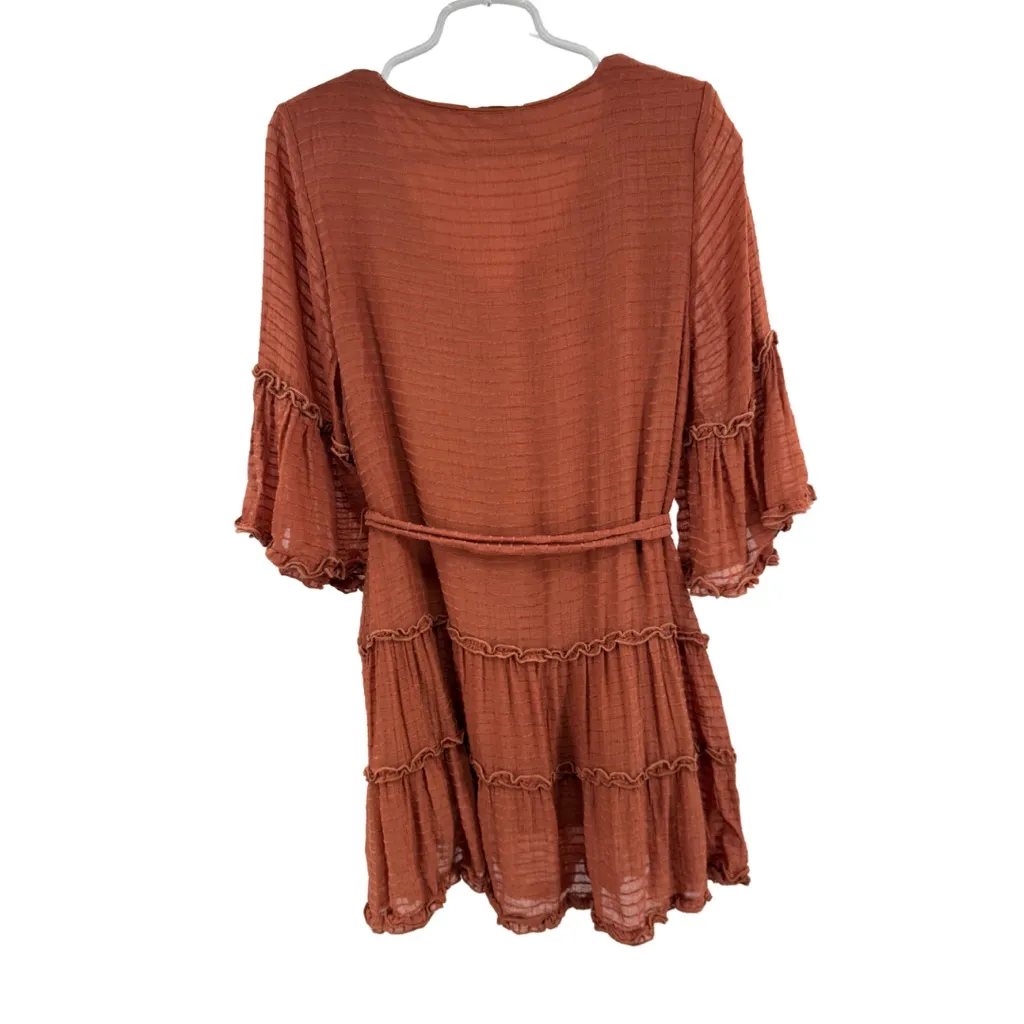 Entro Terracotta V-Neck textured tiered lined Dress S rust puff long sleeve - Image 2
