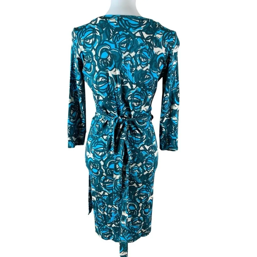 Felicity And Coco Floral‎ Print Wrap Dress Long Sleeve Teal White Small Career - Image 3