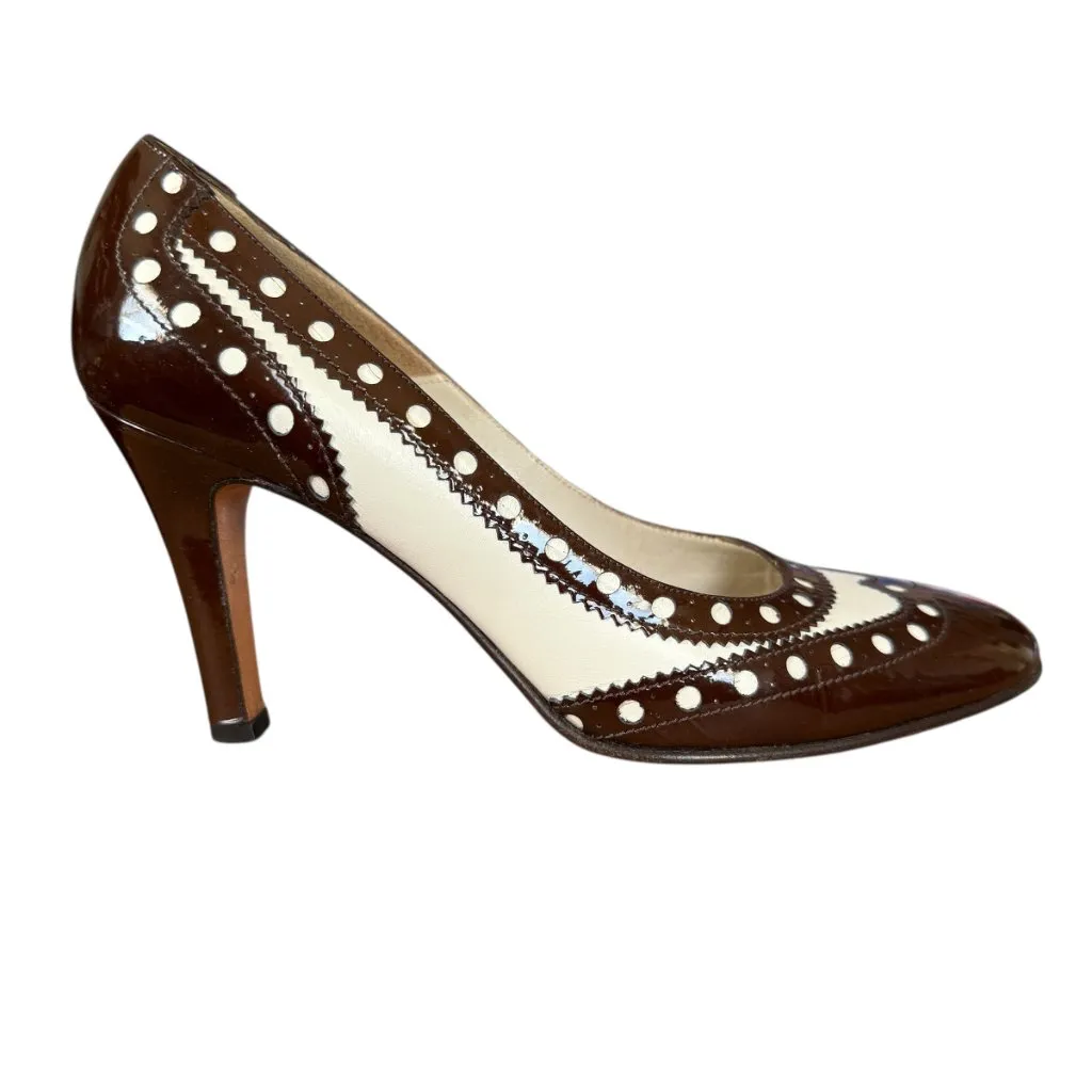 Bettye Muller brown and ivory cut out dotted pumps heels size EU 36 1/2 US 6.5 - Image 2