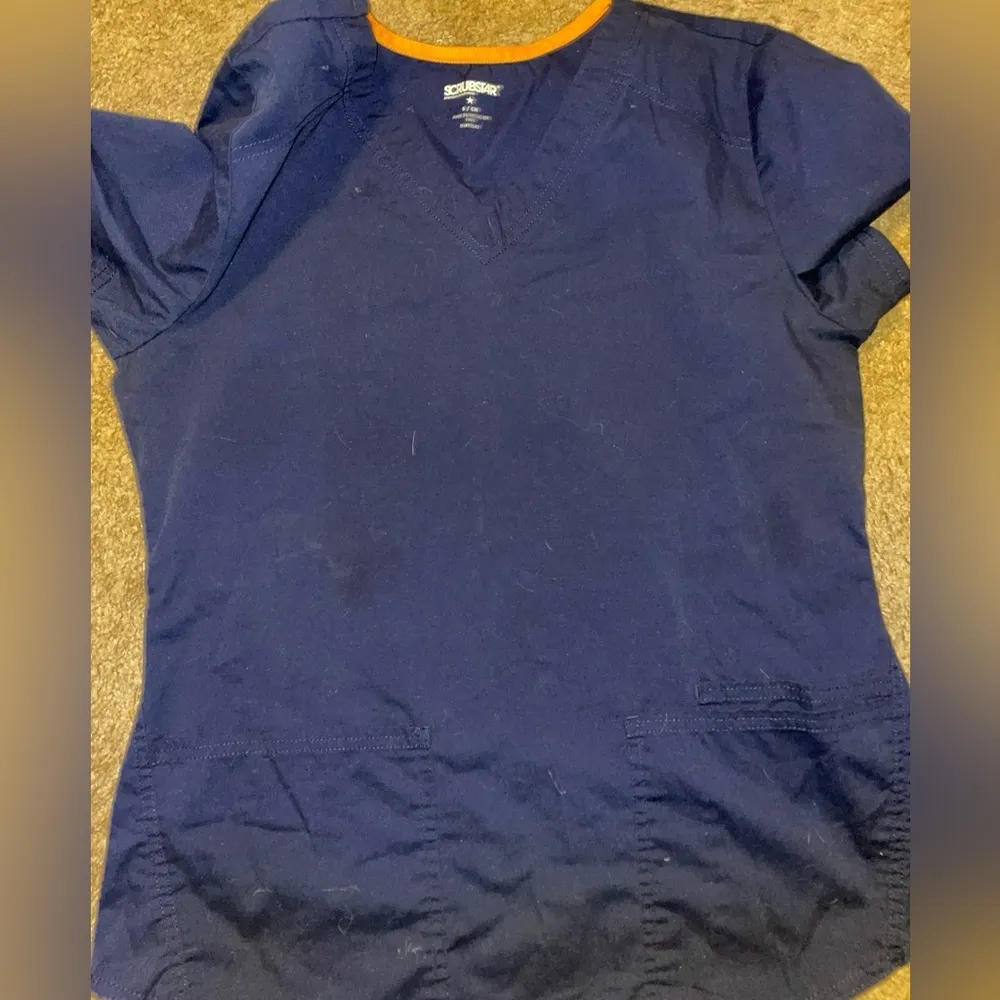 SCRUBSTAR Women Scrub Top Navy Blue With Orange Trim Around Neck And 2 Pockets - Image 5