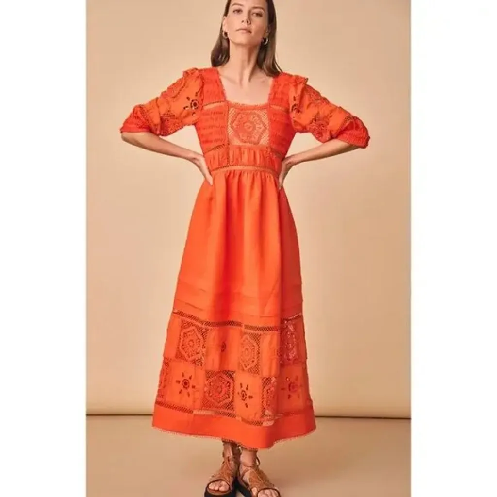 Hunter Bell Rowe Dress Crochet Lace Linen Blend Midi Puff Sleeve Square Neck - Image 2