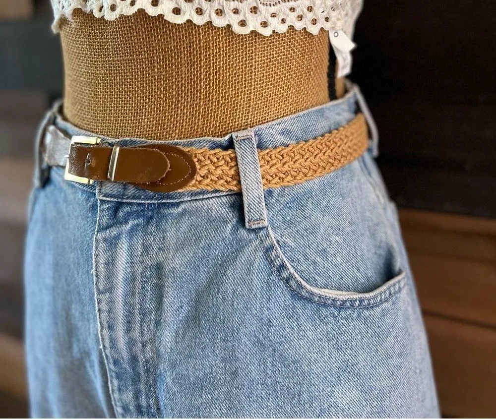 Vintage Brown Leather Buckle Braided Woven Rope Western Boho Belt - Image 6