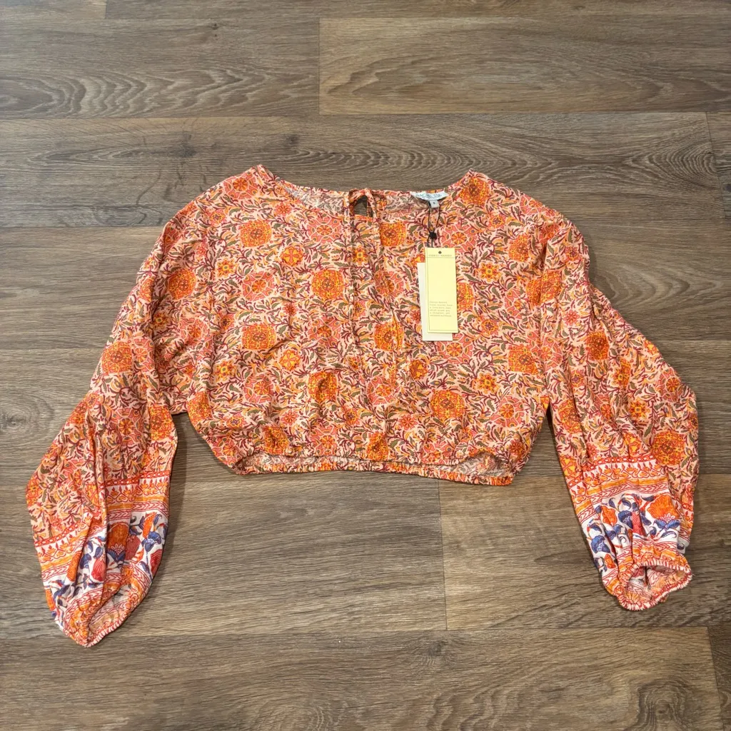 NWT Rachel Zoe Orange Boho Floral Linen Blend Balloon Sleeve Crop Top - Small - Image 2