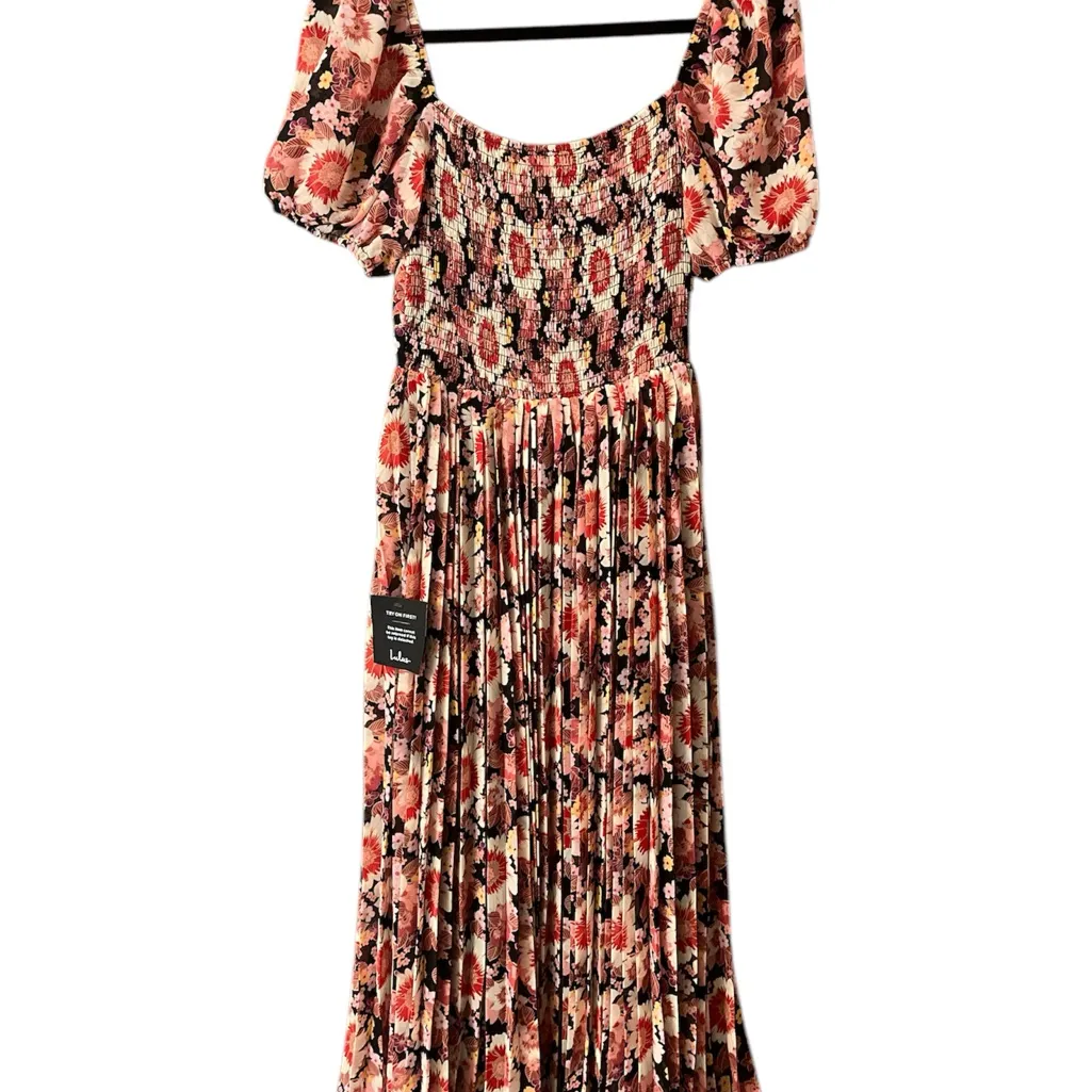 Lulus Forever Flowering Pink Multi Floral Print Puff Sleeve Midi Dress NWT - Image 7