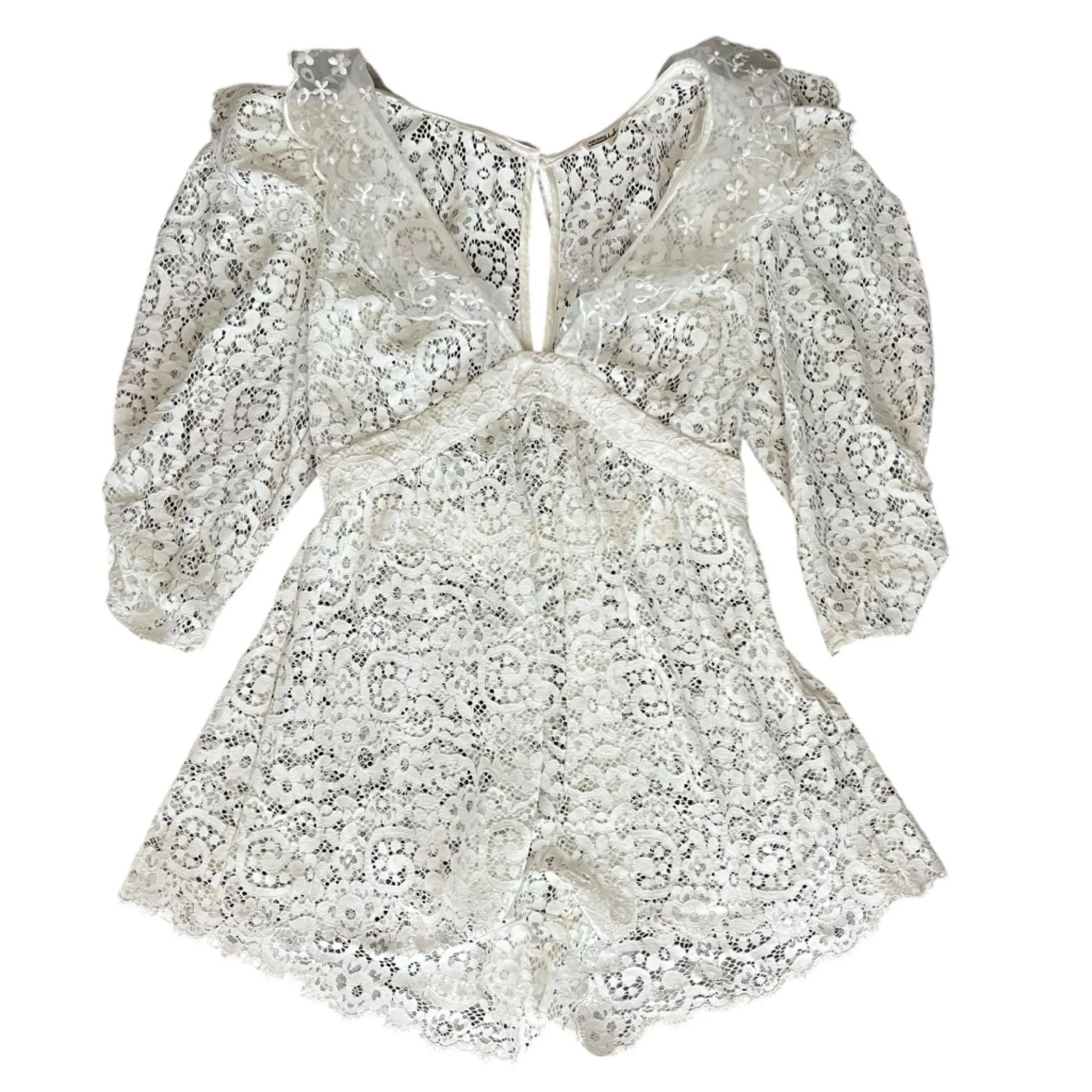 For Love & Lemons Women’s Santo White Lace Puff Sleeve Sheer Shorts Romper M - Image 10