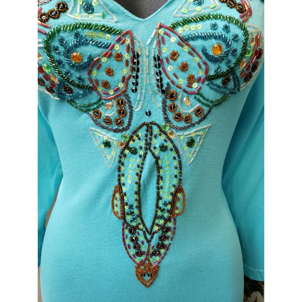 Jessica London Long Maxi Dress Women's 14 Blue Beaded Rayon Long Sleeve V Neck - Image 14